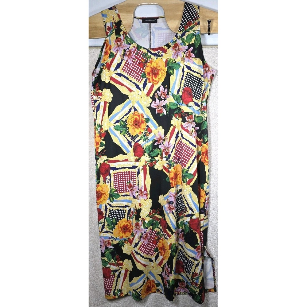 Travel Elements Tank Dress Womens M Yellow Black Floral Scoop Neck Side Slit